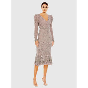 NWT Mac Duggal 10740 Purple Sequin Midi Dress Floral Embellishment Size 8